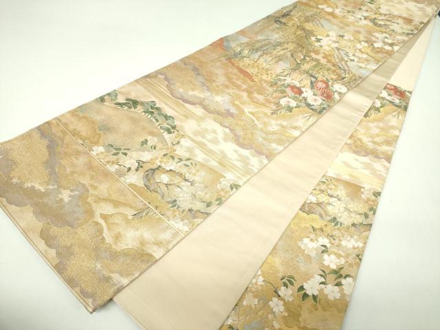 平和屋着物▼六通柄袋帯　紹巴　雲取り渡橋風景花文　金糸　正絹　逸品　DABJ8162ps