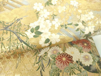 平和屋着物▼六通柄袋帯　紹巴　雲取り渡橋風景花文　金糸　正絹　逸品　DABJ8162ps