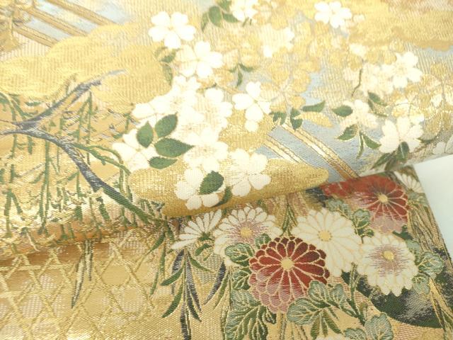 平和屋着物▼六通柄袋帯　紹巴　雲取り渡橋風景花文　金糸　正絹　逸品　DABJ8162ps
