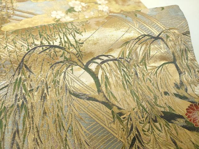 平和屋着物▼六通柄袋帯　紹巴　雲取り渡橋風景花文　金糸　正絹　逸品　DABJ8162ps