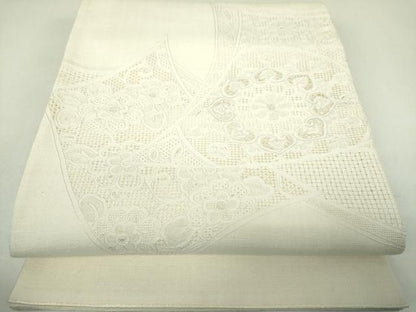 平和屋着物●中国三大刺繍 スワトウ相良刺繍 汕頭相良刺繍 総刺繍 太鼓柄袋帯 紬地 正倉院花文 生成色 正絹 逸品 未使用 DABJ8171ps