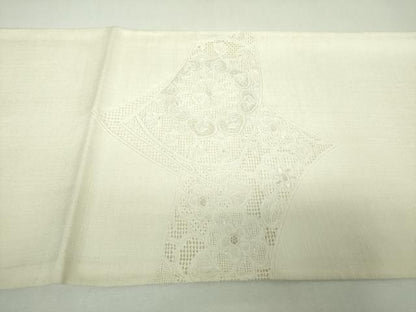 平和屋着物●中国三大刺繍 スワトウ相良刺繍 汕頭相良刺繍 総刺繍 太鼓柄袋帯 紬地 正倉院花文 生成色 正絹 逸品 未使用 DABJ8171ps