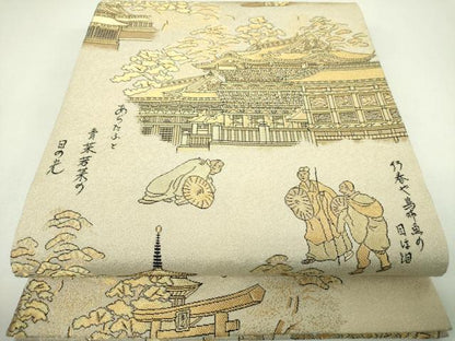 平和屋着物▼全景全通柄袋帯　松尾芭蕉　奥の細道　風景文　金糸　正絹　逸品　DABJ8172ps