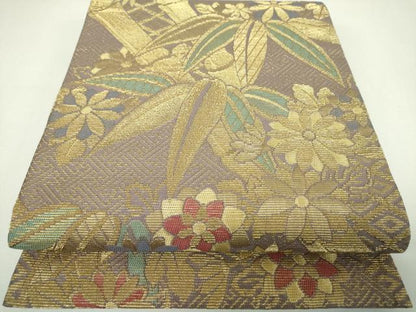 平和屋着物▼極上　両面　太鼓柄袋帯　金華山織　笹竹花文　金糸　正絹　逸品　未使用　DABJ8173ps