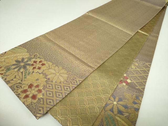 平和屋着物▼極上　両面　太鼓柄袋帯　金華山織　笹竹花文　金糸　正絹　逸品　未使用　DABJ8173ps