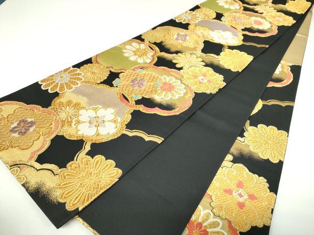 平和屋着物▼西陣　村山織物謹製　六通柄袋帯　吉祥花文　黒地　金糸　証紙付き　正絹　逸品　DABJ8177ps
