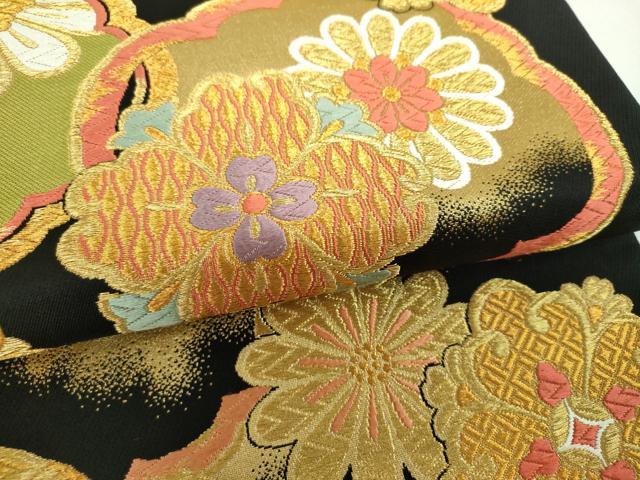 平和屋着物▼西陣　村山織物謹製　六通柄袋帯　吉祥花文　黒地　金糸　証紙付き　正絹　逸品　DABJ8177ps