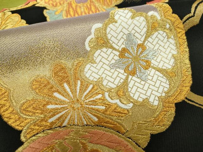 平和屋着物▼西陣　村山織物謹製　六通柄袋帯　吉祥花文　黒地　金糸　証紙付き　正絹　逸品　DABJ8177ps