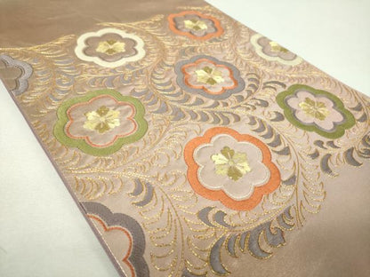 平和屋着物▼太鼓柄袋帯　駒刺繍　総刺繍　花唐草文　金糸　正絹　逸品　DABJ8184ps