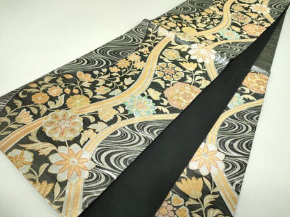 平和屋着物▼六通柄袋帯　流水花文　黒地　金銀糸　正絹　逸品　DABJ8188ps