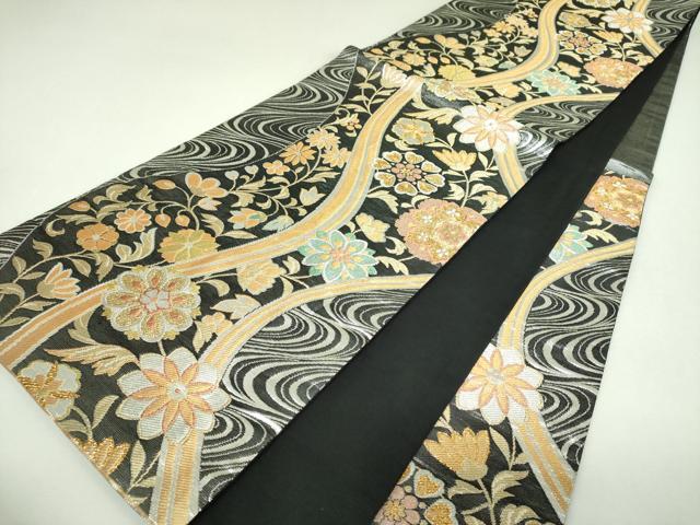 平和屋着物▼六通柄袋帯　流水花文　黒地　金銀糸　正絹　逸品　DABJ8188ps