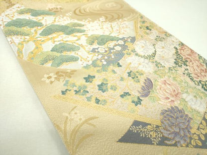 平和屋着物▼六通柄袋帯　唐織　吉祥花絵巻　金銀糸　正絹　逸品　DABJ8196ps