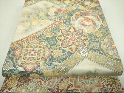 平和屋着物▼六通柄袋帯　松皮菱正倉院鳳凰花文　金糸　正絹　逸品　DABJ8199ps