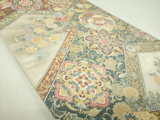 平和屋着物▼六通柄袋帯　松皮菱正倉院鳳凰花文　金糸　正絹　逸品　DABJ8199ps