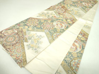 平和屋着物▼六通柄袋帯　松皮菱正倉院鳳凰花文　金糸　正絹　逸品　DABJ8199ps