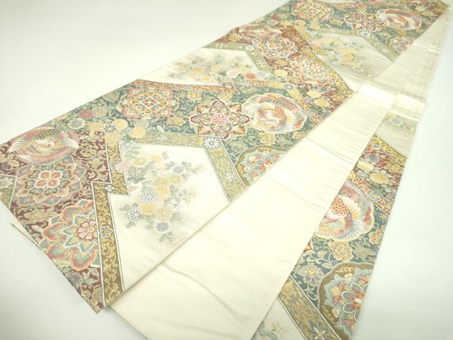平和屋着物▼六通柄袋帯　松皮菱正倉院鳳凰花文　金糸　正絹　逸品　DABJ8199ps