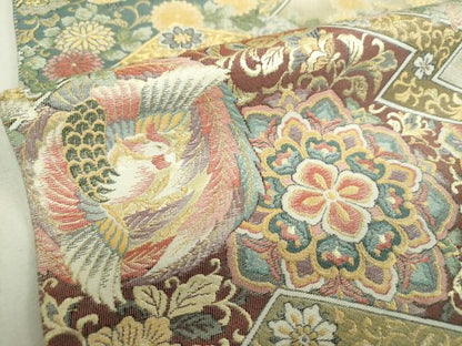 平和屋着物▼六通柄袋帯　松皮菱正倉院鳳凰花文　金糸　正絹　逸品　DABJ8199ps