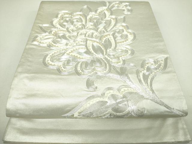 平和屋着物▼太鼓柄袋帯　駒刺繍　総刺繍　更紗花文　銀糸　正絹　逸品　DABJ8203ps