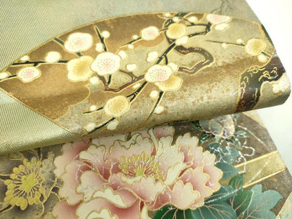 平和屋着物▼太鼓柄袋帯　地紙花文　金彩　引箔　正絹　逸品　DABJ8212ps