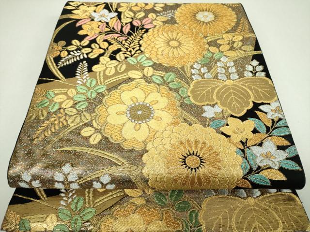 平和屋着物▼六通柄袋帯　吉祥花文　黒地　金銀糸　三越扱い　正絹　逸品　DABJ8214ps