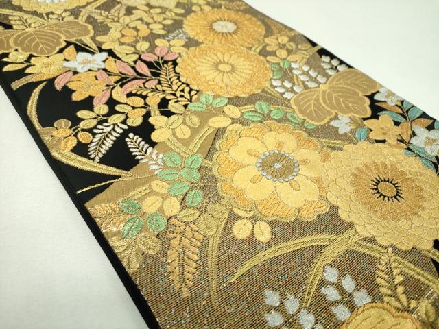 平和屋着物▼六通柄袋帯　吉祥花文　黒地　金銀糸　三越扱い　正絹　逸品　DABJ8214ps