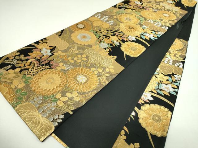 平和屋着物▼六通柄袋帯　吉祥花文　黒地　金銀糸　三越扱い　正絹　逸品　DABJ8214ps