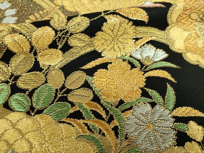 平和屋着物▼六通柄袋帯　吉祥花文　黒地　金銀糸　三越扱い　正絹　逸品　DABJ8214ps