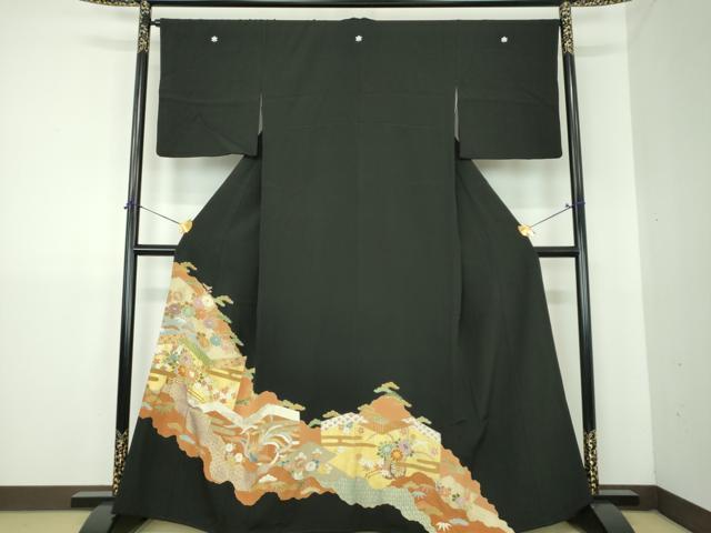 平和屋着物●豪華黒留袖　駒刺繍　花車鳳凰　金彩　伊勢丹扱い　正絹　逸品　DABJ8230ps
