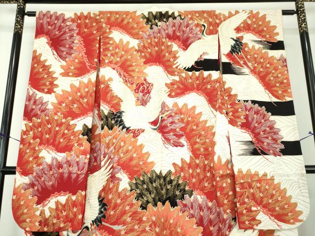 平和屋本店●アンティーク　大正ロマン　振袖　駒刺繍　飛鶴松文　金銀彩　正絹　逸品　DABJ8234ps