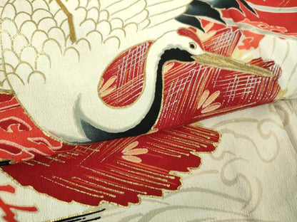 平和屋本店●アンティーク　大正ロマン　振袖　駒刺繍　飛鶴松文　金銀彩　正絹　逸品　DABJ8234ps