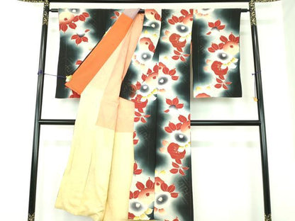 平和屋着物●アンティーク　大正ロマン　小紋　椿　暈し染め　金彩　正絹　逸品　DABJ8236ps