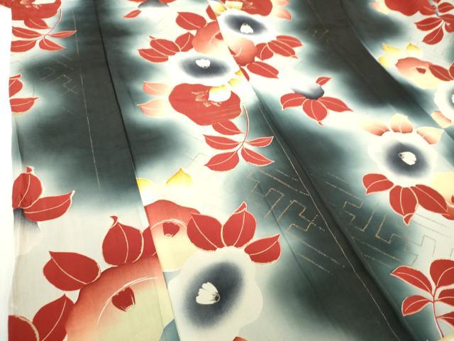 平和屋着物●アンティーク　大正ロマン　小紋　椿　暈し染め　金彩　正絹　逸品　DABJ8236ps