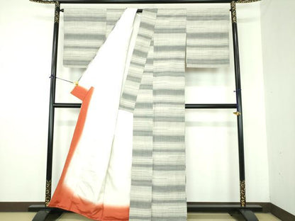 平和屋着物●上質な紬　めがね織　横段文　正絹　逸品　DABJ8255ps
