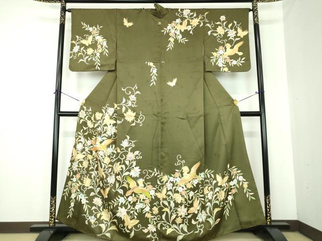 平和屋着物●訪問着　駒刺繍　花喰鳥　舞蝶更紗花文　金彩　正絹　逸品　DABJ8266ps