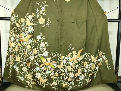 平和屋着物●訪問着　駒刺繍　花喰鳥　舞蝶更紗花文　金彩　正絹　逸品　DABJ8266ps