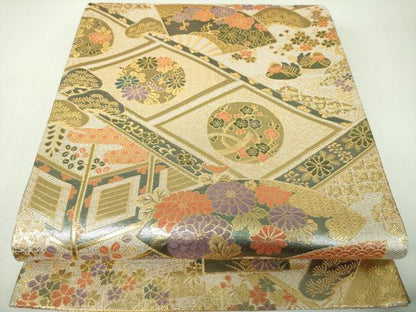 平和屋着物▼佐賀錦　六通柄袋帯　扇面花鳥文　金糸　正絹　逸品　DABJ8286ps