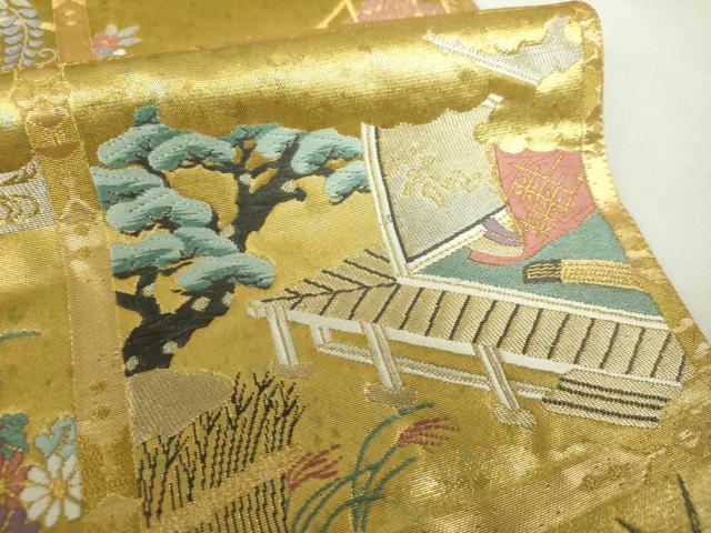 平和屋着物▼西陣　高島織物謹製　六通柄袋帯　唐織　青銅箔　御所車花文　金銀糸　引箔　正絹　逸品　DABJ8288ps