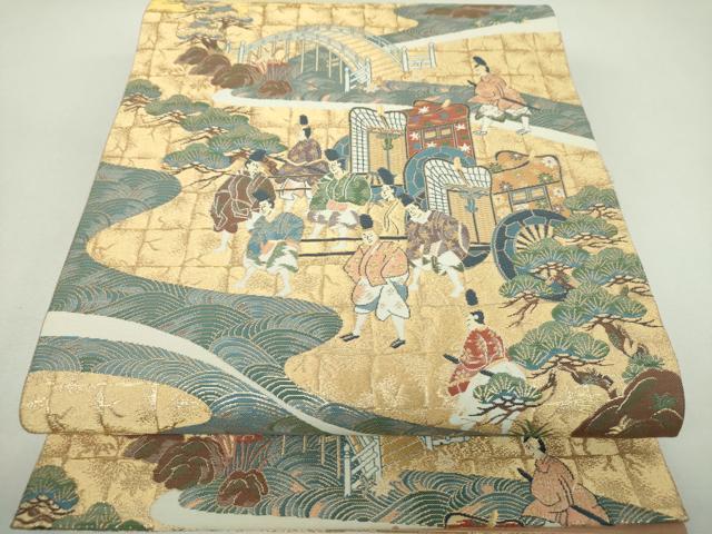 平和屋着物▼六通柄袋帯　渡橋御所車人物文　金糸　正絹　逸品　DABJ8301ps