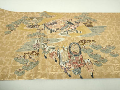 平和屋着物▼六通柄袋帯　渡橋御所車人物文　金糸　正絹　逸品　DABJ8301ps