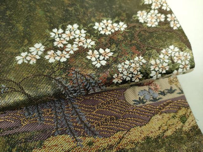 平和屋着物▼太鼓柄袋帯　唐織　枝垂れ柳　流水鴛鴦桜　金糸　引箔　正絹　逸品　DABJ8306ps