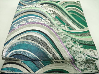 平和屋着物▼六通柄袋帯　流水花文　金銀糸　正絹　逸品　DABJ8308ps