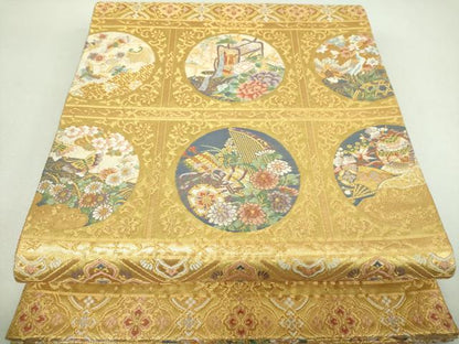 平和屋着物▼六通柄袋帯　唐織　横段麗綾文　金糸　正絹　逸品　DABJ8311ps