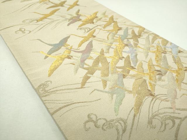 平和屋着物▼全景全通柄袋帯　群れ鶴　立波梅文　金糸　正絹　逸品　DABJ8316ps