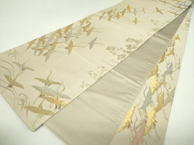 平和屋着物▼全景全通柄袋帯　群れ鶴　立波梅文　金糸　正絹　逸品　DABJ8316ps