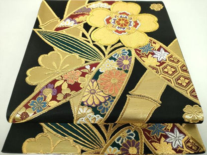 平和屋着物▼六通柄袋帯　笹竹花文　黒地　金銀糸　正絹　逸品　DABJ8318ps