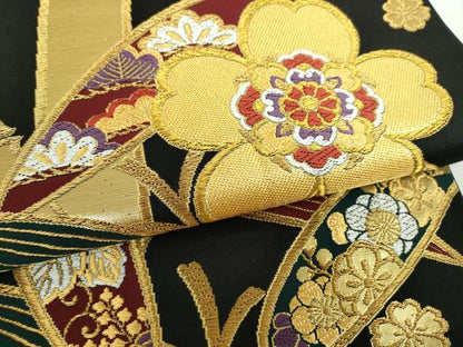 平和屋着物▼六通柄袋帯　笹竹花文　黒地　金銀糸　正絹　逸品　DABJ8318ps
