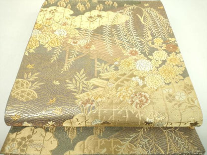 平和屋着物▼両面　六通柄袋帯　御所解柳橋文　金糸　正絹　逸品　DABJ8320ps