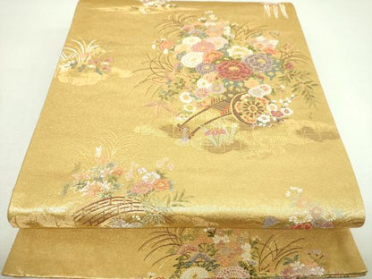 平和屋着物▼六通柄袋帯　絢燗花車文　金糸　正絹　逸品　DABJ8322ps