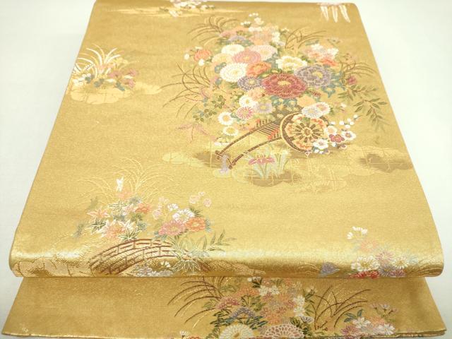 平和屋着物▼六通柄袋帯　絢燗花車文　金糸　正絹　逸品　DABJ8322ps
