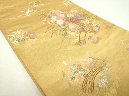 平和屋着物▼六通柄袋帯　絢燗花車文　金糸　正絹　逸品　DABJ8322ps